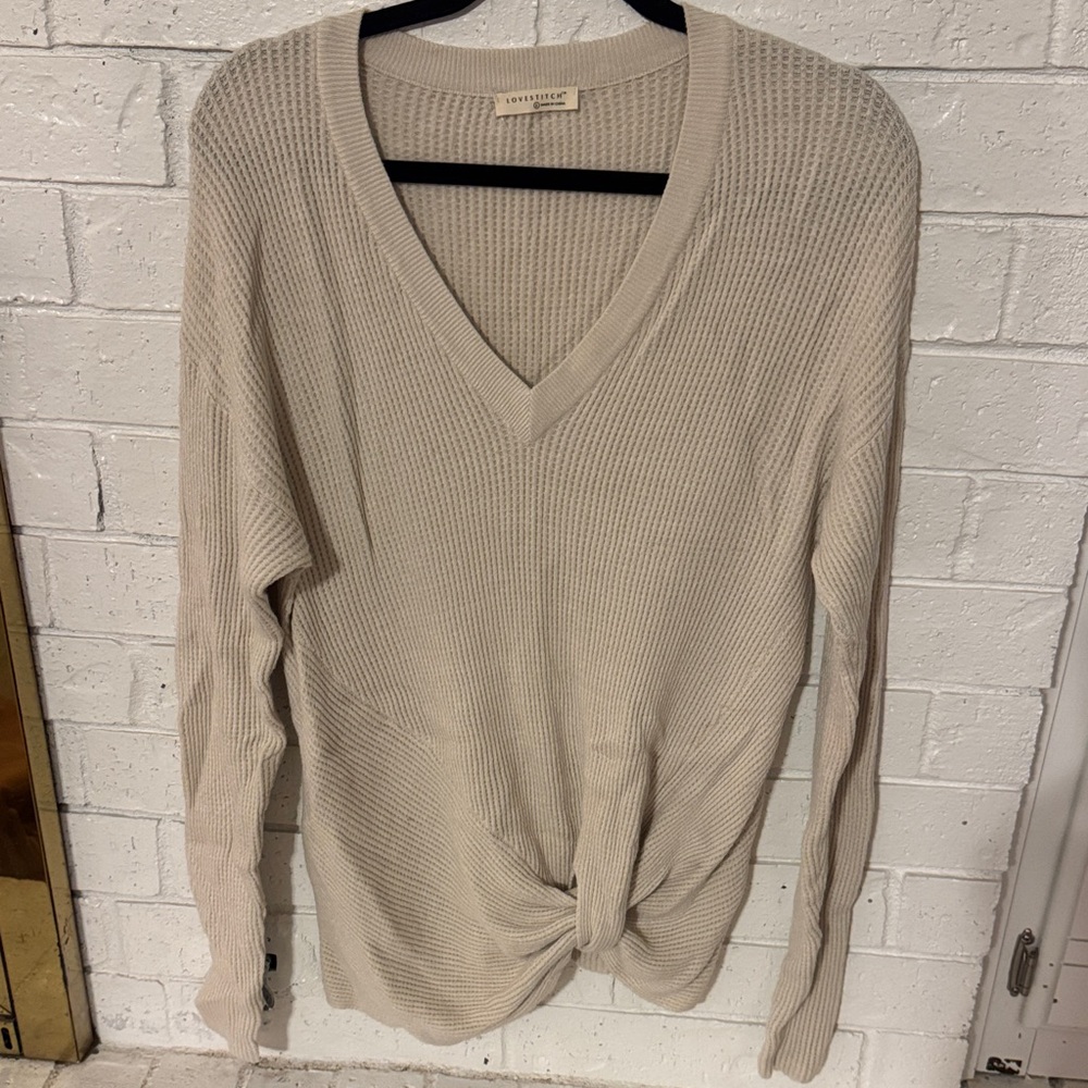 lovestitch Beige V-Neck Waffle Knit Tie-Front Sweater